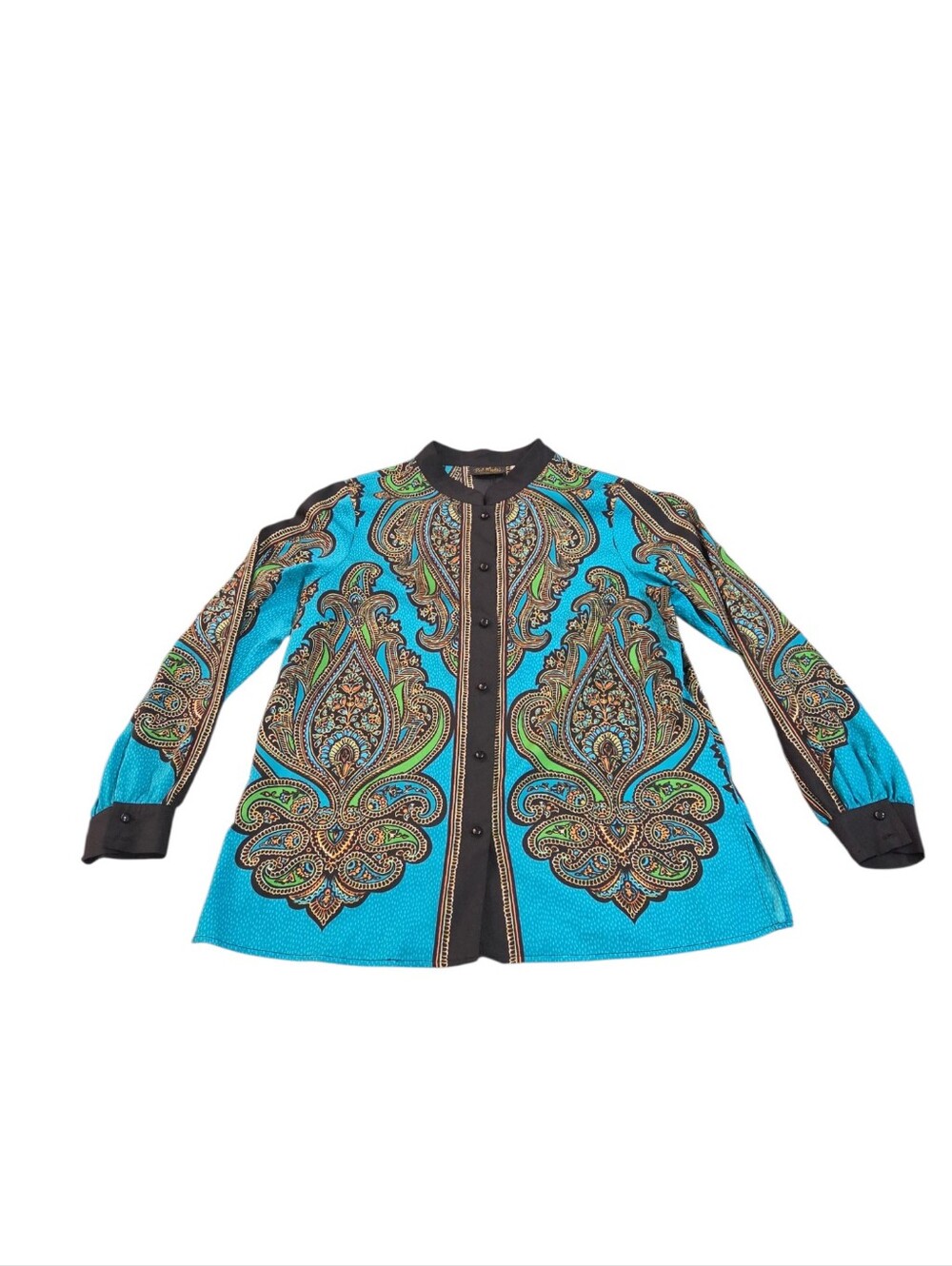 Vintage Bob Mackie Wearable Art Turquoise Paisley Tunic Button Front Top Size L - Picture 2 of 8